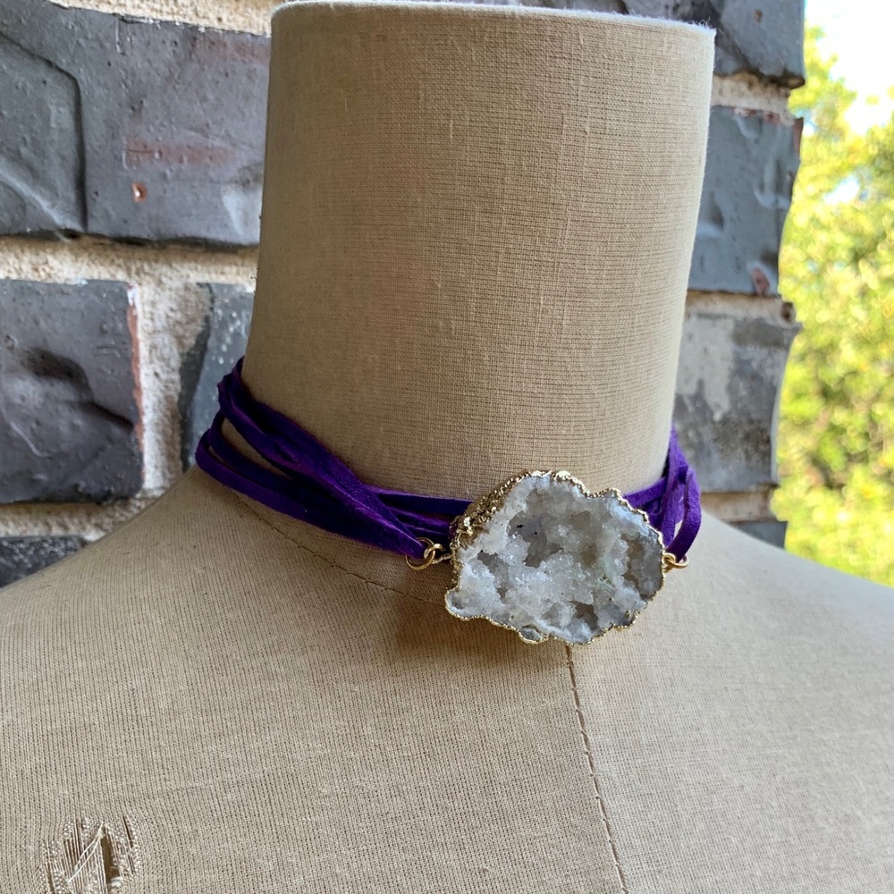 Multi-Way Bracelet + Necklace Purple Suede + White Druzy Stone - Picture 3 of 9